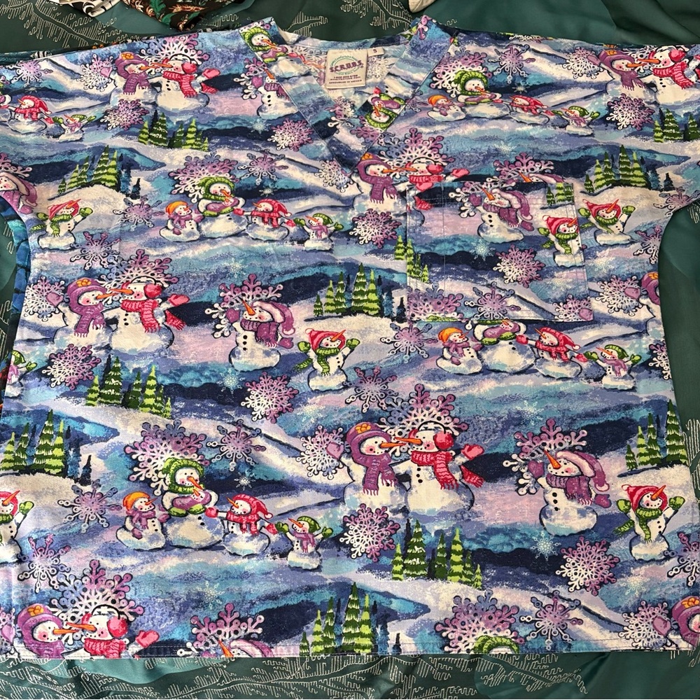 Colorful Snowman Print Scrub Top